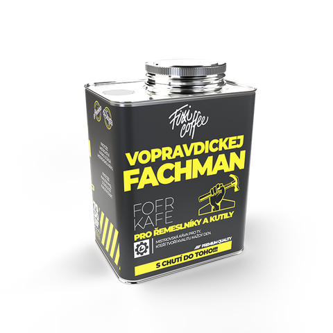 Plechový kanystr s dárkovou kávou Vopravdickej fachman Fixi Coffee