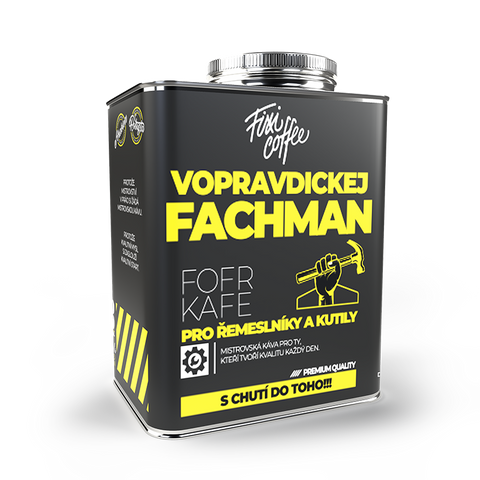 Plechový kanystr s dárkovou kávou Vopravdickej fachman Fixi Coffee