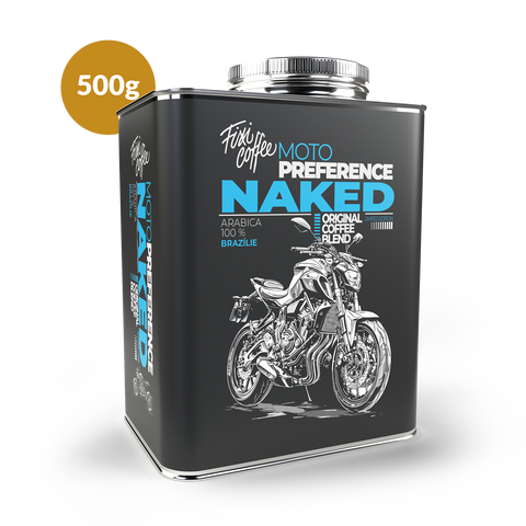 Plechový kanystr s kávou. Obal s černou etiketou a nápisem Naked. Nad kanystr je ikona označující hmotnost kávy: 500 g. Fixi Coffee